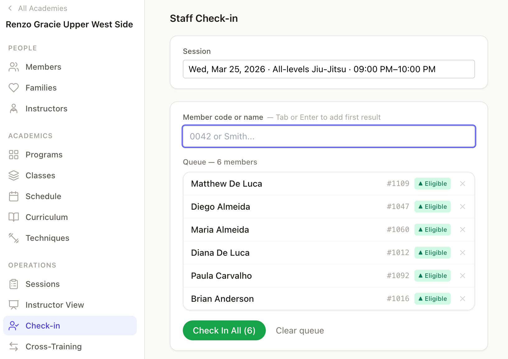 Kiso attendance check-in screen
